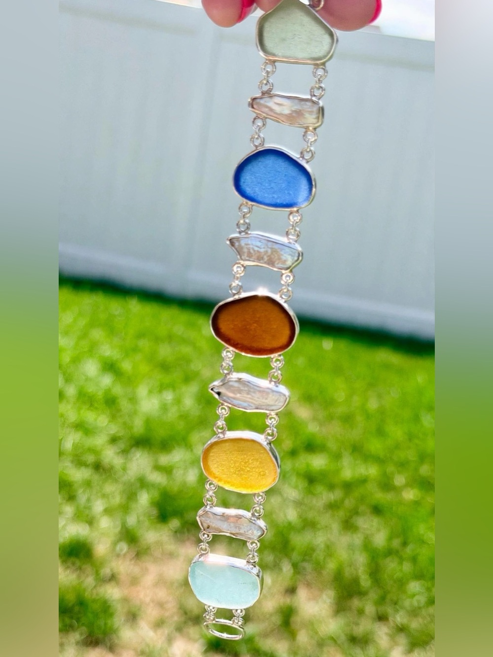 JL925 Sterling Silver Sea Glass Bracelet Multicolor Biwa Pearl Toggle 27.6g